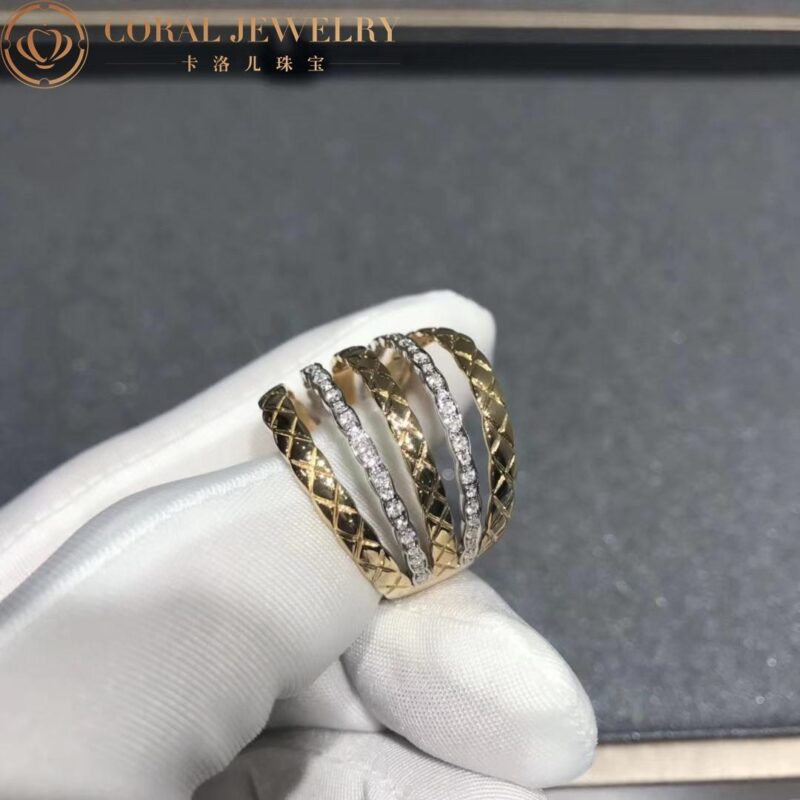 Chanel Coco Crush Ring J11335 Quilted Motif 18k White and Yellow Gold Diamond 2