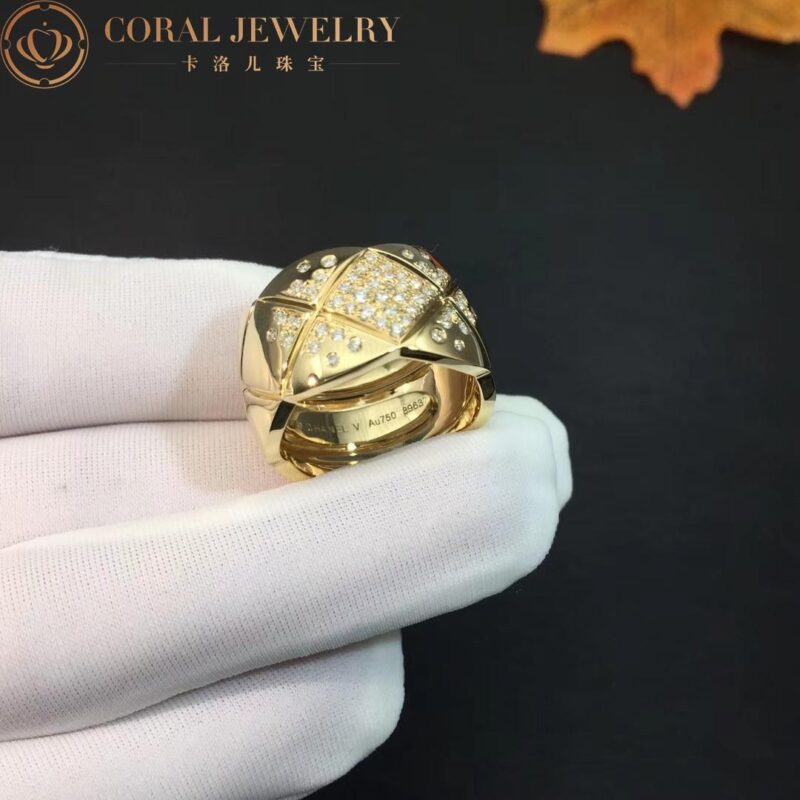 Chanel Coco Crush Ring J10862 Quilted Motif Large Version 18k Yellow Gold Diamonds 5