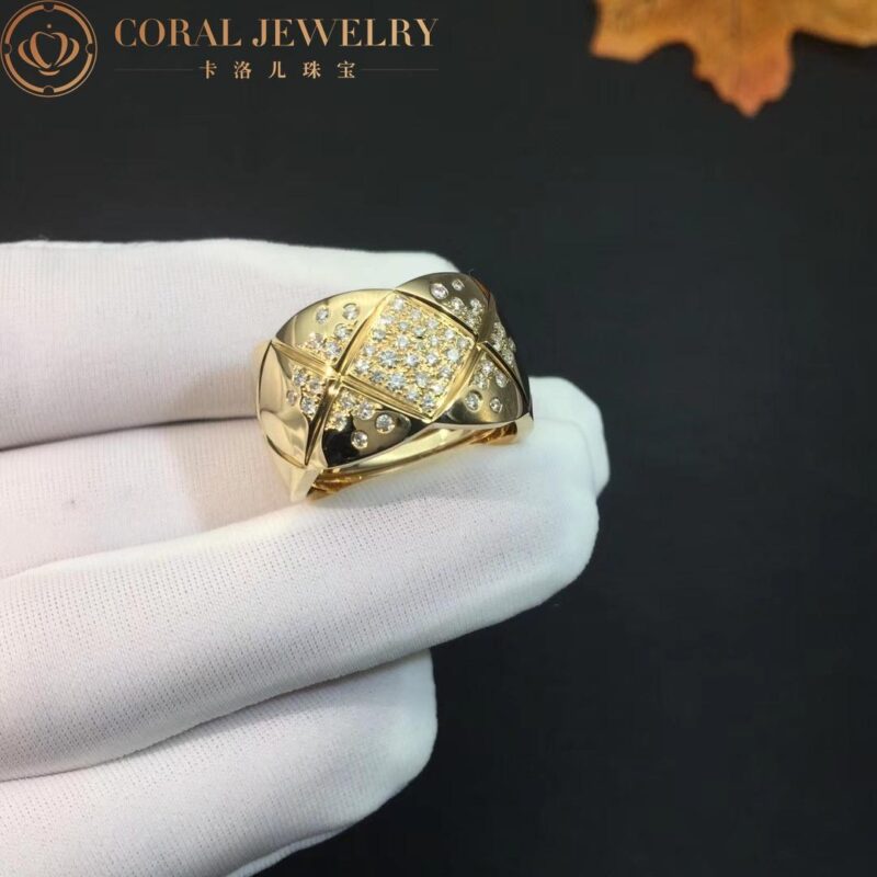 Chanel Coco Crush Ring J10862 Quilted Motif Large Version 18k Yellow Gold Diamonds 4