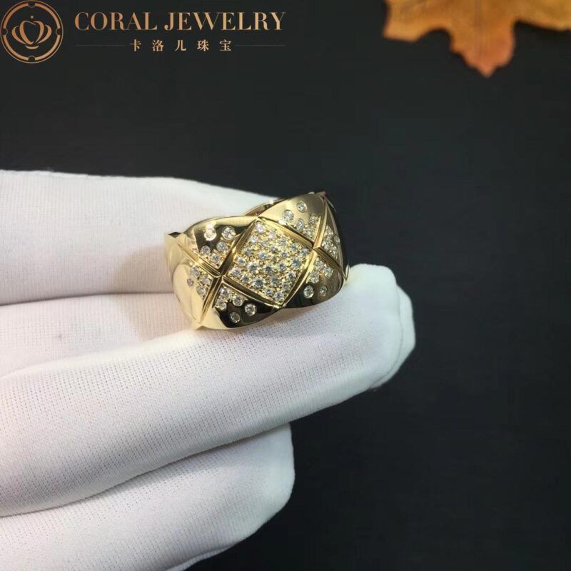 Chanel Coco Crush Ring J10862 Quilted Motif Large Version 18k Yellow Gold Diamonds 2