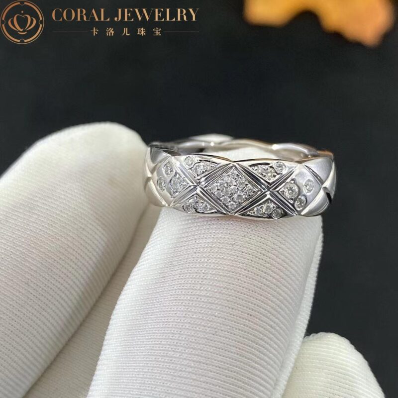 Chanel Coco Crush Ring J10865 Quilted Motif Small Version 18k White Gold Diamonds 4