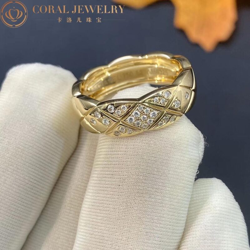 Chanel Coco Crush Ring J10864 Quilted Motif Small Version 18k Yellow Gold Diamonds 6