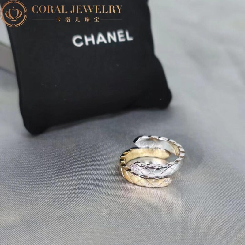Chanel Coco Crush Toi Et Moi J11971 Ring Quilted Motif Small Version 18k White and Beige Gold Diamonds 6
