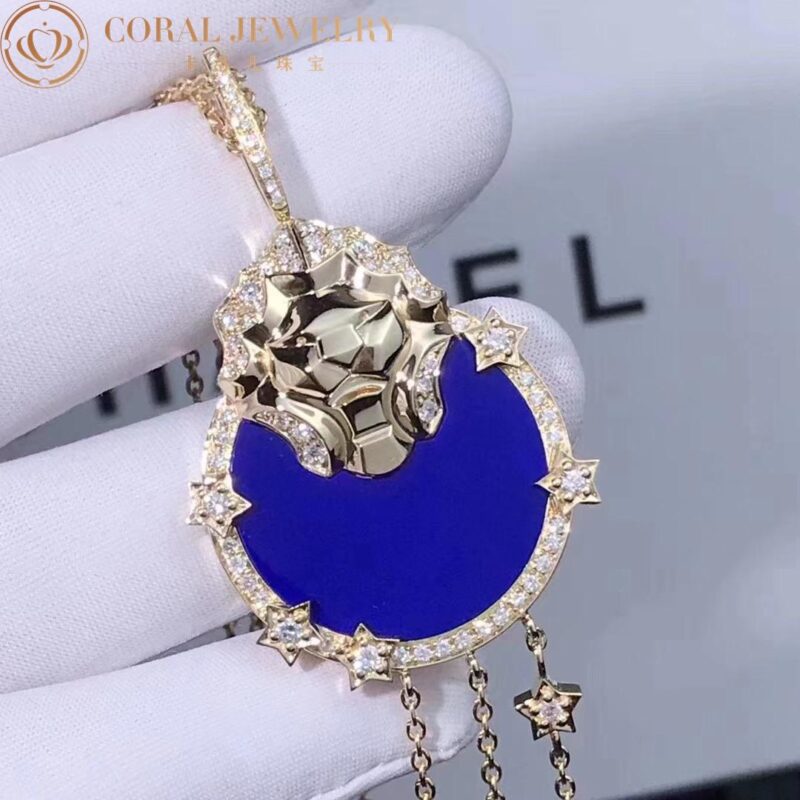 Chanel Lion Médaille Long J11369 Necklace 18k Yellow Gold Diamonds Lapis Lazuli 4