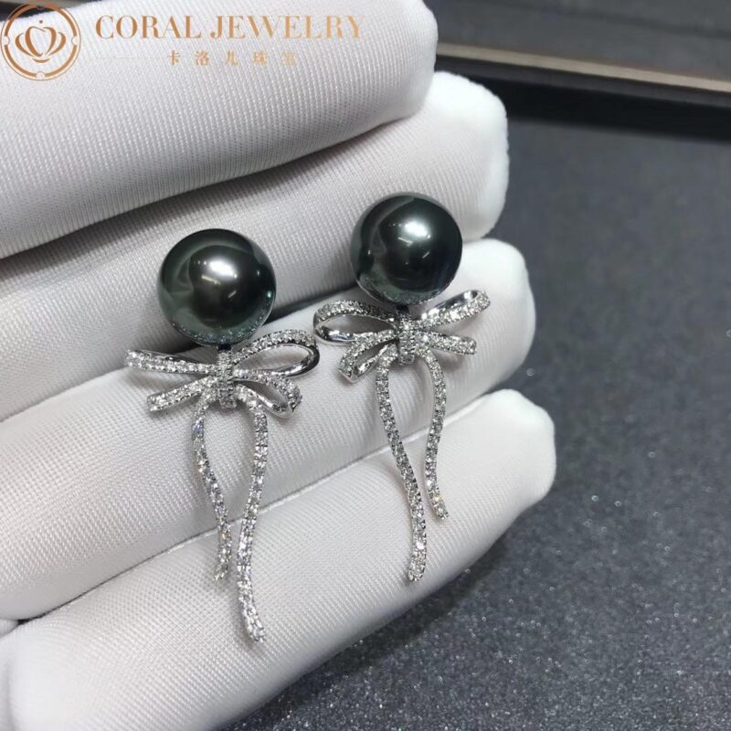 Chanel Ruban Earrings 18k White Gold Diamonds Black Pearl Earrings 8