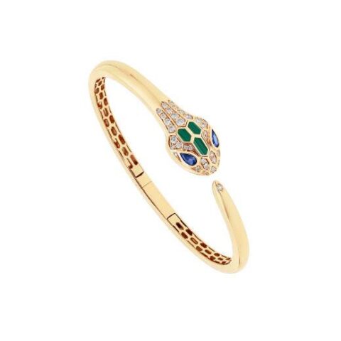 Bulgari 356204-1 Serpenti 18 kt yellow gold bracelet set with blue sapphire eyes malachite elements and pavé diamonds 1