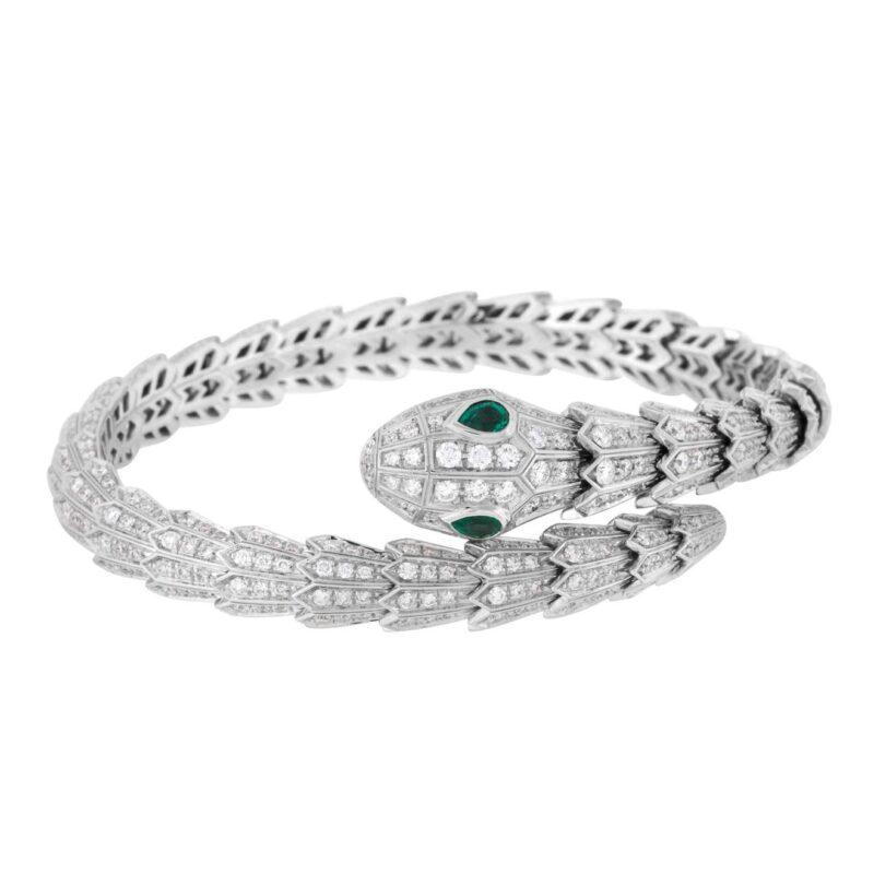 Bulgari Serpenti Diamond Snake Bangle Bracelet with Emerald Eyes in 18kw Gold Bracelet 1
