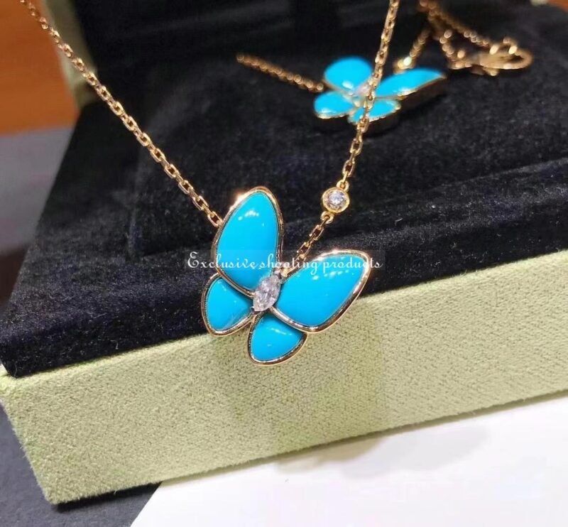 Van Cleef & Arpels VCARP7UP00 Two Butterfly pendant Yellow gold Diamond Turquoise Necklace 18