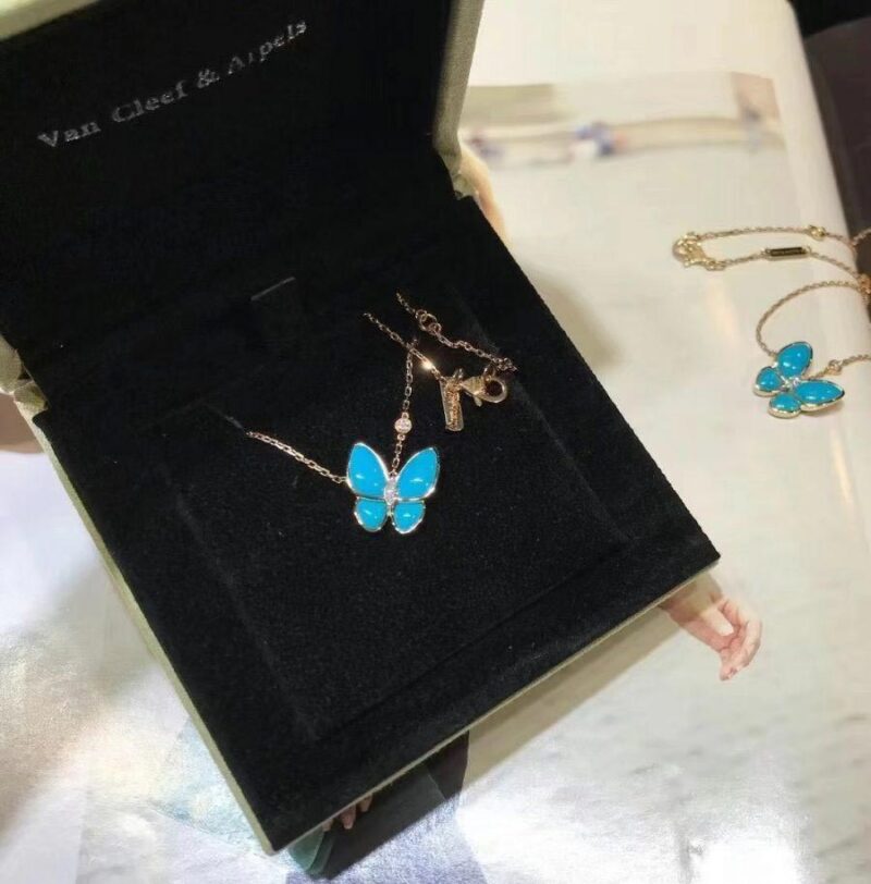 Van Cleef & Arpels VCARP7UP00 Two Butterfly pendant Yellow gold Diamond Turquoise Necklace 17