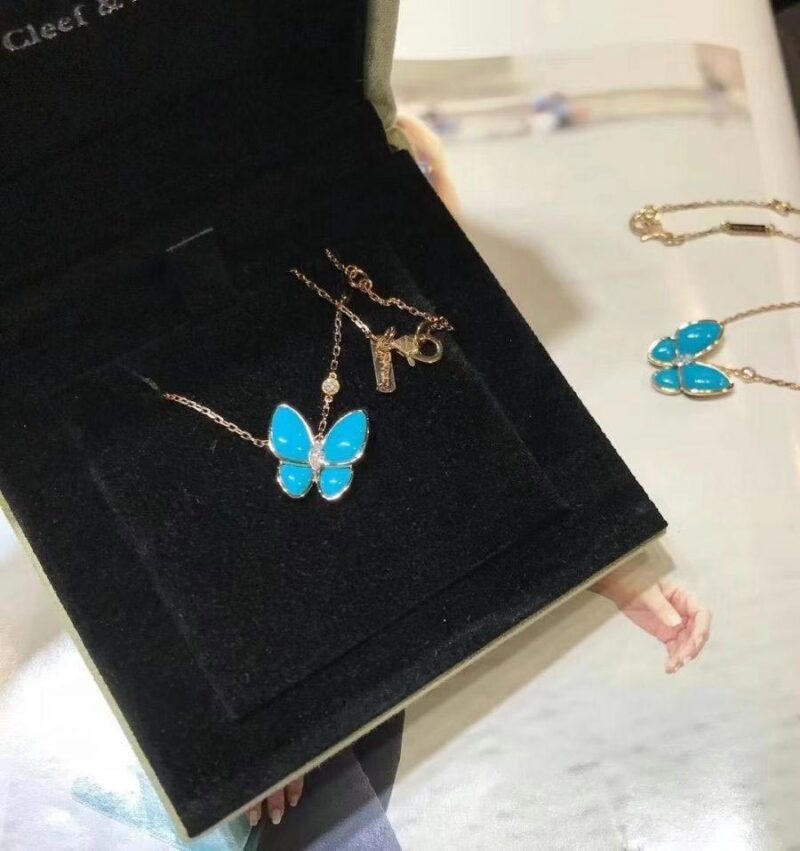 Van Cleef & Arpels VCARP7UP00 Two Butterfly pendant Yellow gold Diamond Turquoise Necklace 16