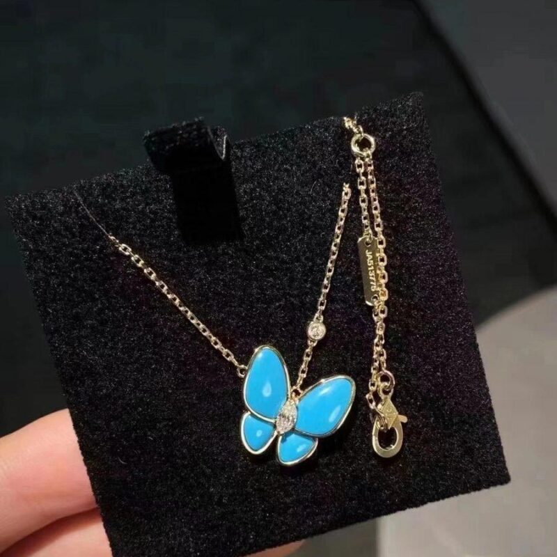 Van Cleef & Arpels VCARP7UP00 Two Butterfly pendant Yellow gold Diamond Turquoise Necklace 14