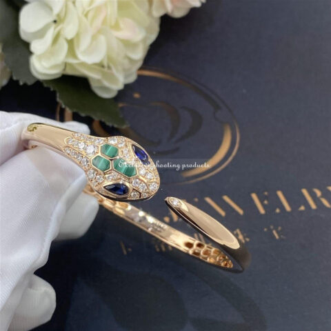 Bulgari Serpenti 356204 18 kt rose gold bracelet set with blue sapphire eyes malachite elements and pavé diamonds 7