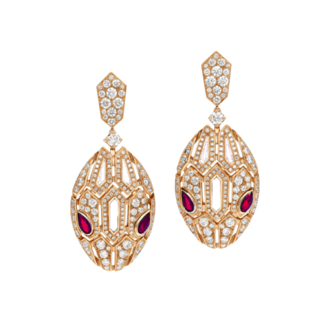Bulgari Serpenti 18 kt rose gold earrings set with pavé diamonds and rubellite eyes earrings 1