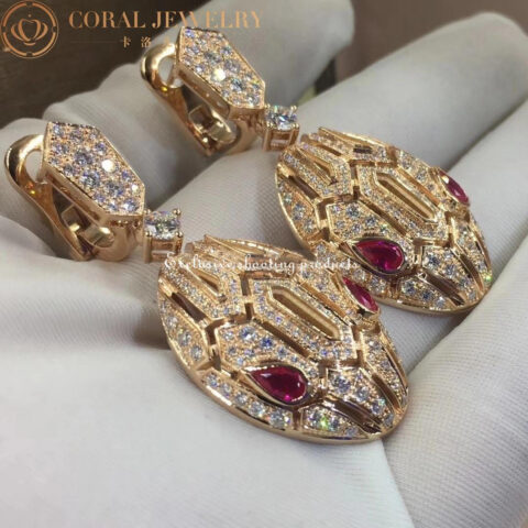 Bulgari Serpenti 18 kt rose gold earrings set with pavé diamonds and rubellite eyes earrings 5
