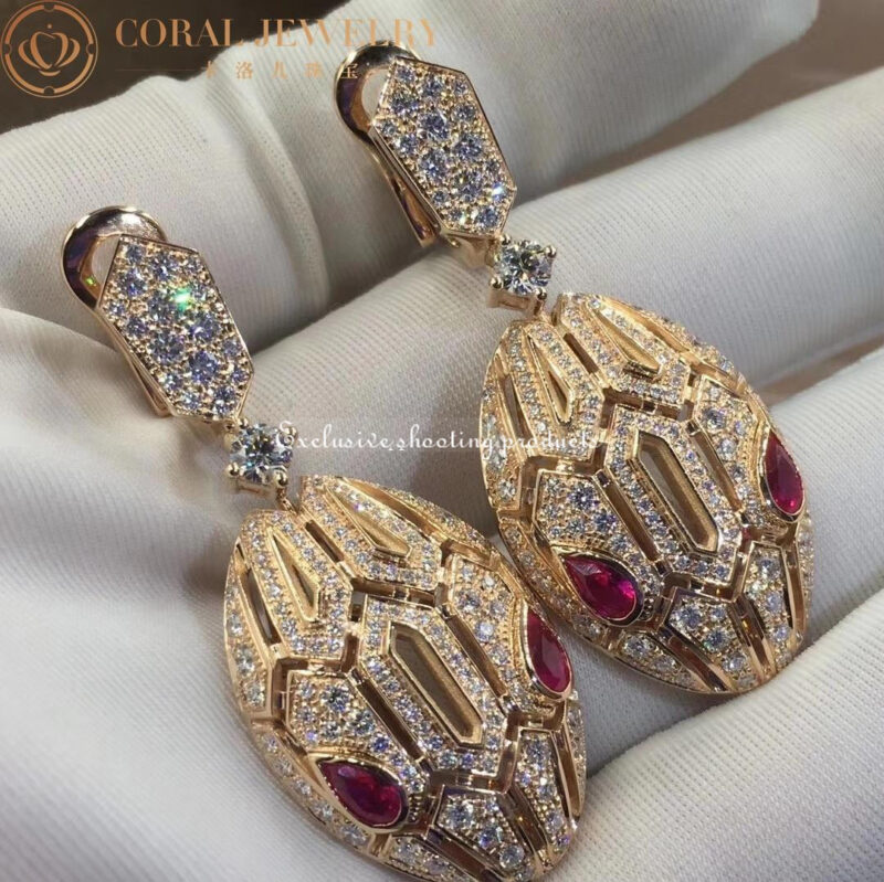 Bulgari Serpenti 18 kt rose gold earrings set with pavé diamonds and rubellite eyes earrings 4