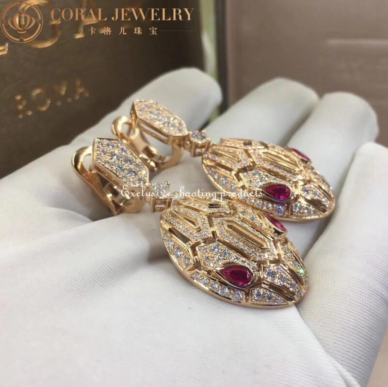 Bulgari Serpenti 18 kt rose gold earrings set with pavé diamonds and rubellite eyes earrings 3
