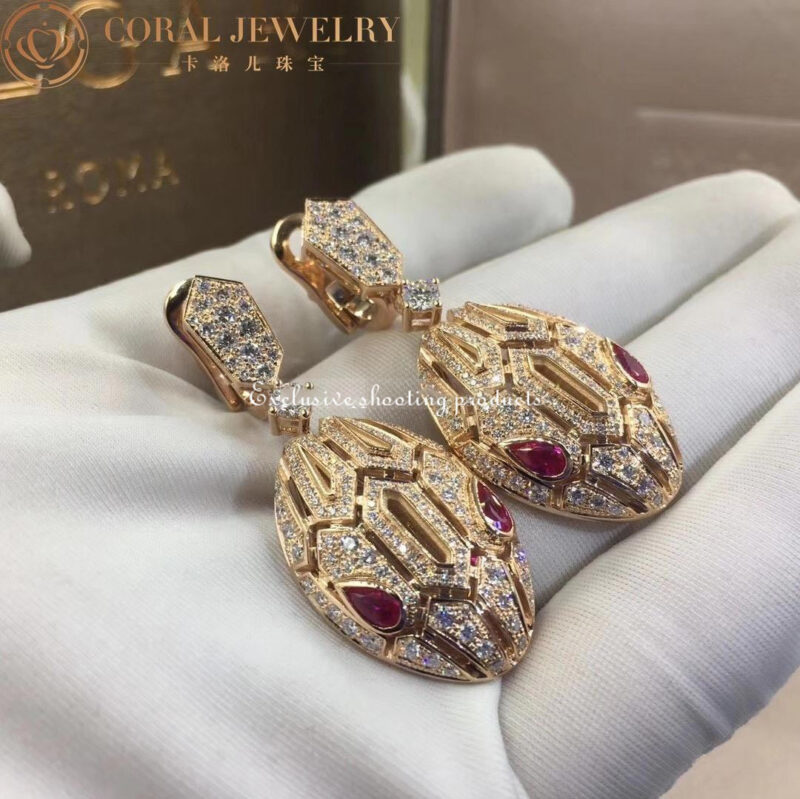 Bulgari Serpenti 18 kt rose gold earrings set with pavé diamonds and rubellite eyes earrings 2