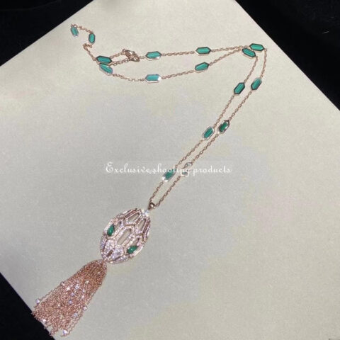 Bulgari Serpenti 354101-RG 18 kt rose gold necklace with tassel set with a diamond pavé diamonds and malachite eyes 7