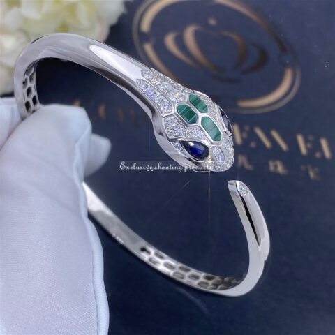 Bulgari Serpenti 356204-WG 18 kt white gold bracelet set with blue sapphire eyes malachite elements and pavé diamonds 5