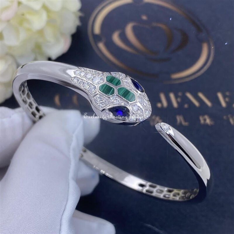 Bulgari Serpenti 356204-WG 18 kt white gold bracelet set with blue sapphire eyes malachite elements and pavé diamonds 5