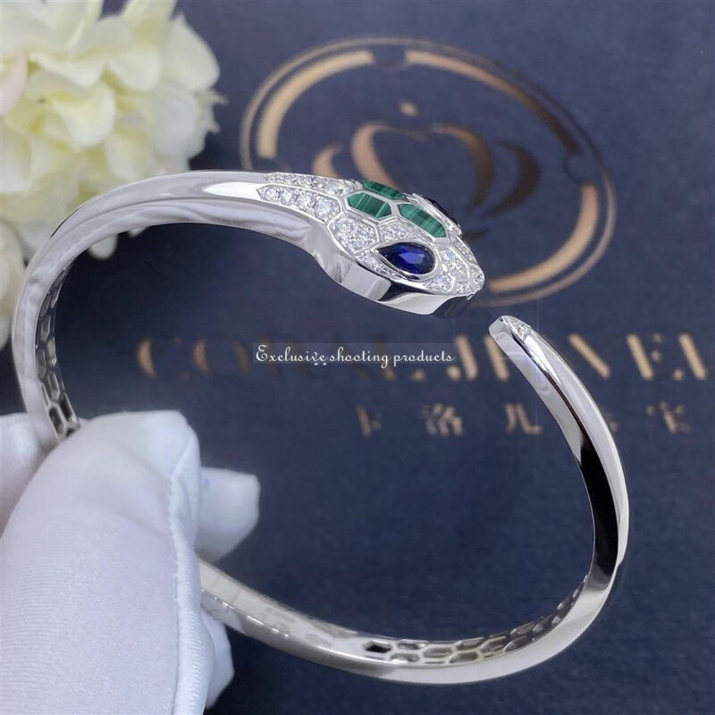 Bulgari Serpenti 356204-WG 18 kt white gold bracelet set with blue sapphire eyes malachite elements and pavé diamonds 4