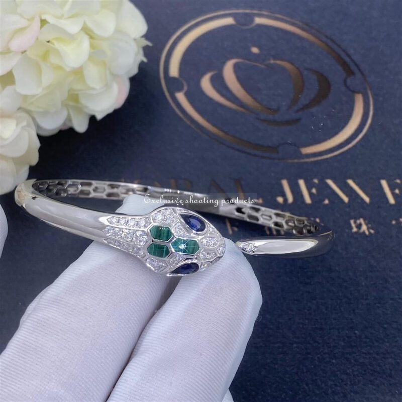 Bulgari Serpenti 356204-WG 18 kt white gold bracelet set with blue sapphire eyes malachite elements and pavé diamonds 3