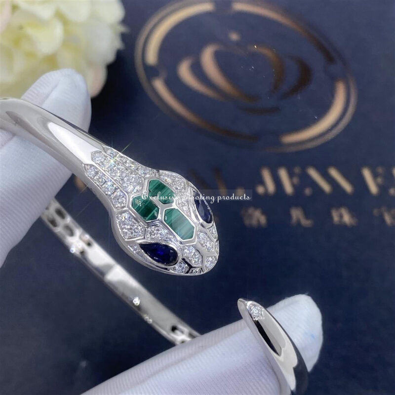 Bulgari Serpenti 356204-WG 18 kt white gold bracelet set with blue sapphire eyes malachite elements and pavé diamonds 2