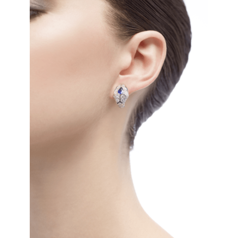 Bulgari Serpenti 355355 18 kt white gold earrings set with a blue sapphire on the head emerald eyes and pavé diamonds 2
