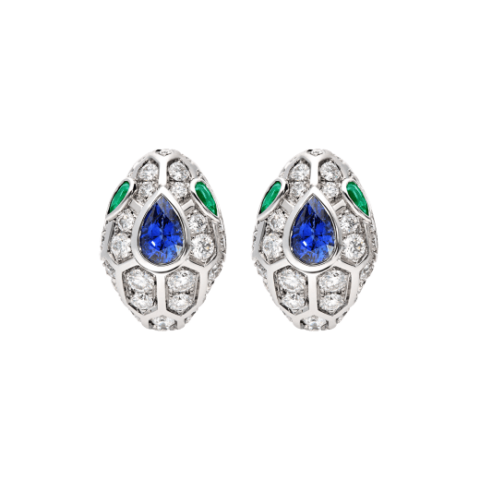 Bulgari Serpenti 355355 18 kt white gold earrings set with a blue sapphire on the head emerald eyes and pavé diamonds 1