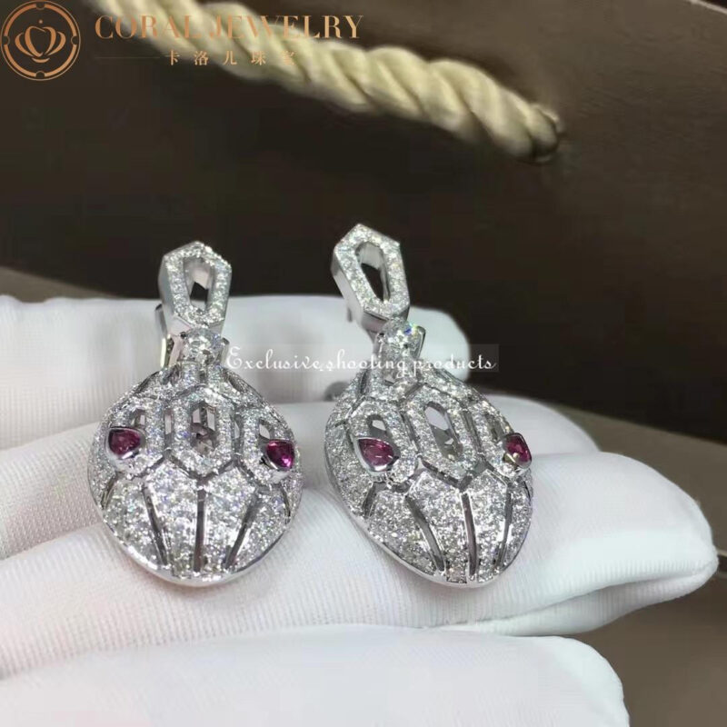 Bulgari 352756-Rubellites Serpenti 18 kt white gold earrings set with pavé diamonds and rubellite eyes 4