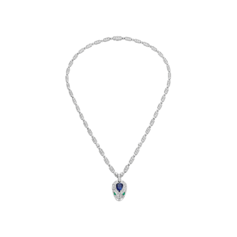 Bulgari Serpenti 355354 18 kt white gold necklace set with a blue sapphire emerald eyes and pavé diamonds 1