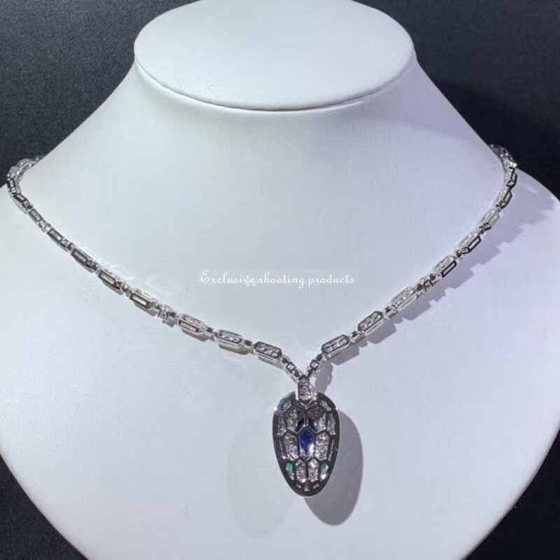 Bulgari Serpenti 355354 18 kt white gold necklace set with a blue sapphire emerald eyes and pavé diamonds 5