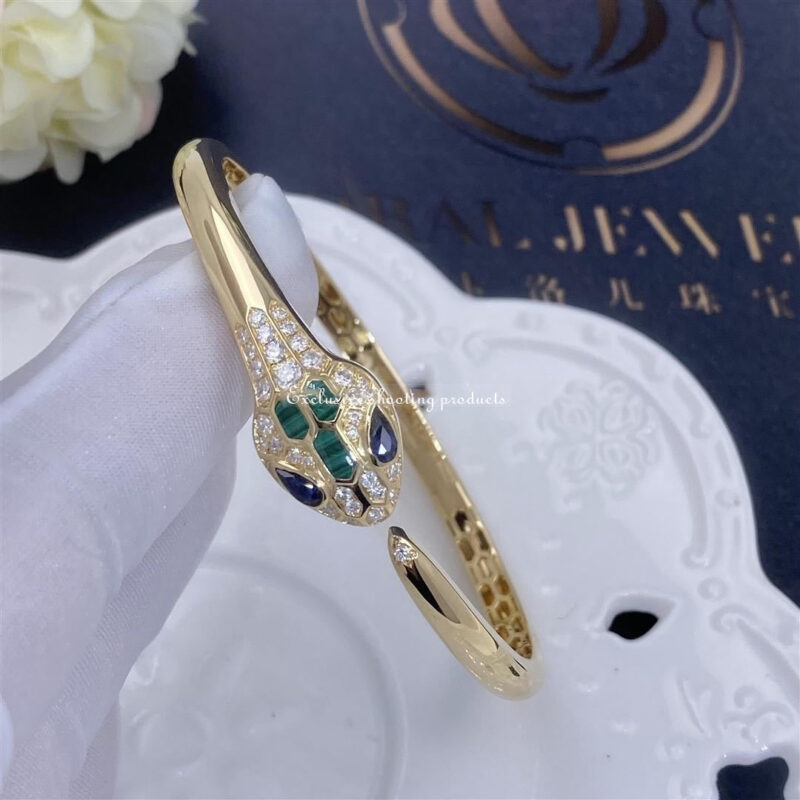 Bulgari 356204-1 Serpenti 18 kt yellow gold bracelet set with blue sapphire eyes malachite elements and pavé diamonds 2