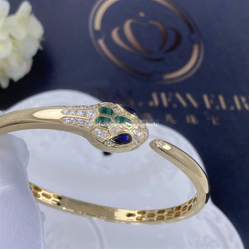 Bulgari 356204-1 Serpenti 18 kt yellow gold bracelet set with blue sapphire eyes malachite elements and pavé diamonds 4