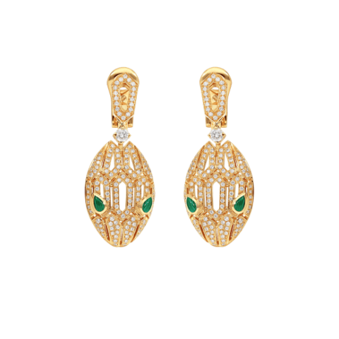Bulgari Serpenti 354576 18 kt yellow gold earrings set with pavé diamonds and malachite eyes 1