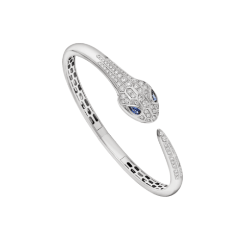 Bulgari Serpenti 354098 bangle bracelet in 18 kt white gold set with blue sapphire eyes and pavé diamonds 1