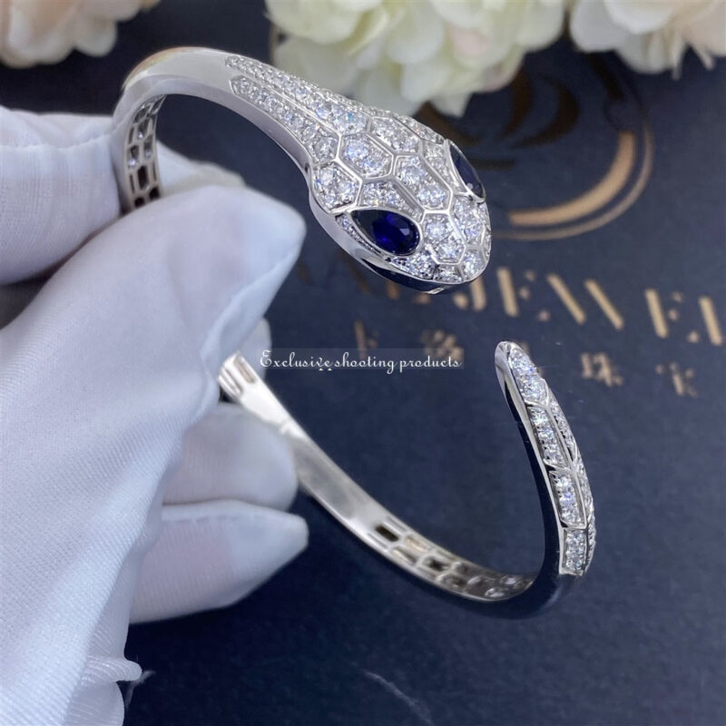 Bulgari Serpenti 354098 bangle bracelet in 18 kt white gold set with blue sapphire eyes and pavé diamonds 5