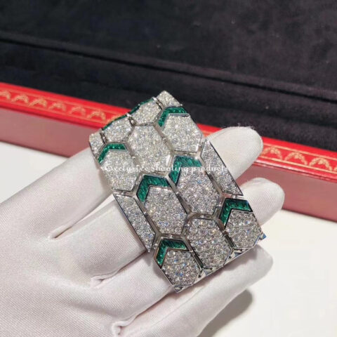 Bulgari Serpenti 353848 bracelet 18kt white gold with emeralds and pavé diamonds 20