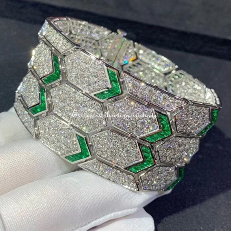 Bulgari Serpenti 353848 bracelet 18kt white gold with emeralds and pavé diamonds 11