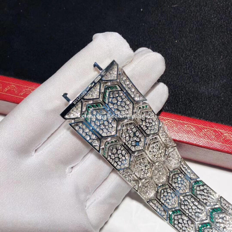 Bulgari Serpenti 353848 bracelet 18kt white gold with emeralds and pavé diamonds 5