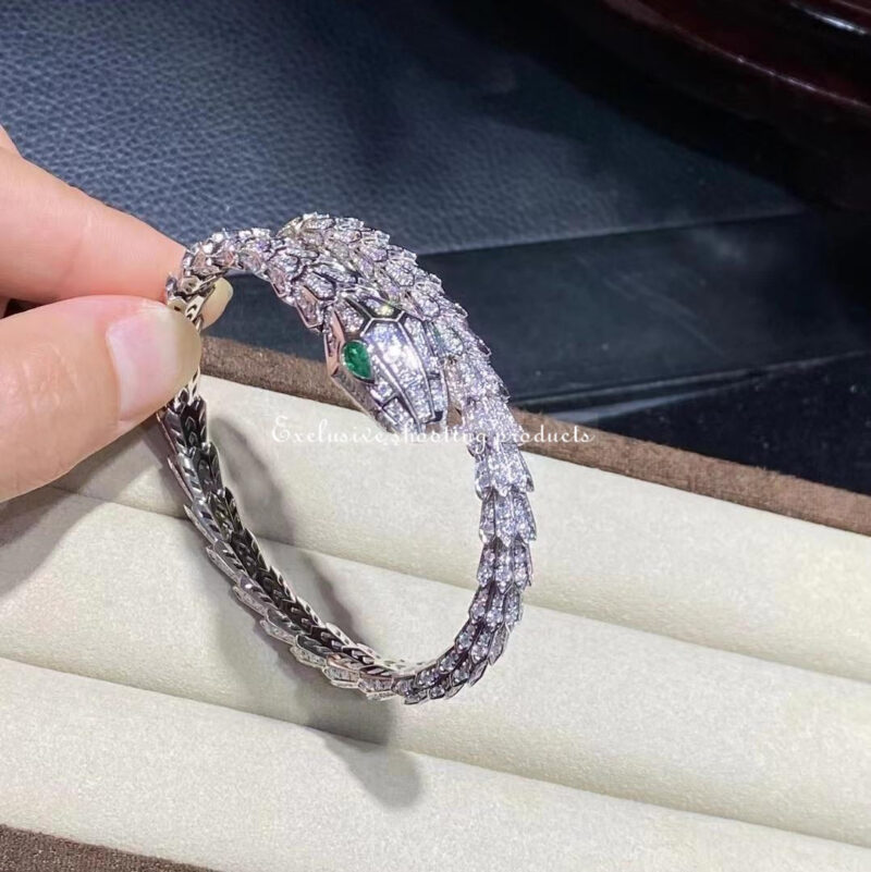 Bulgari Serpenti Diamond Snake Bangle Bracelet with Emerald Eyes in 18kw Gold Bracelet 9