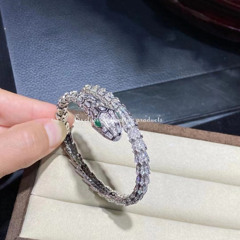 Bulgari Serpenti Diamond Snake Bangle Bracelet with Emerald Eyes in 18kw Gold Bracelet 8
