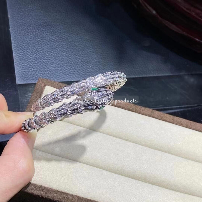 Bulgari Serpenti Diamond Snake Bangle Bracelet with Emerald Eyes in 18kw Gold Bracelet 5
