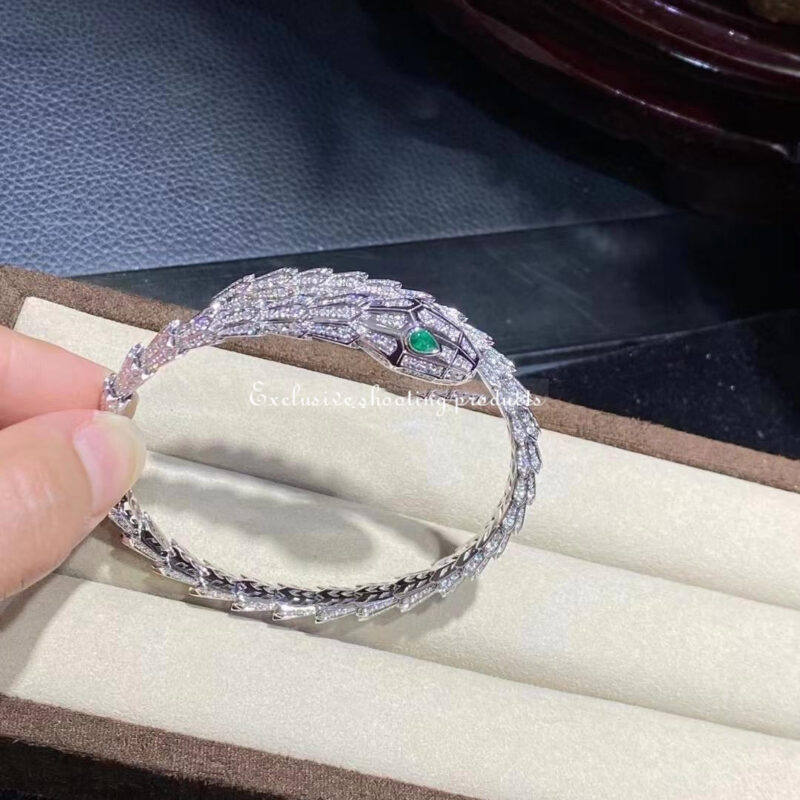 Bulgari Serpenti Diamond Snake Bangle Bracelet with Emerald Eyes in 18kw Gold Bracelet 4