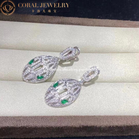 Bulgari Serpenti 352756 earrings in 18 kt white gold set with emerald eyes and full pavé diamonds 7