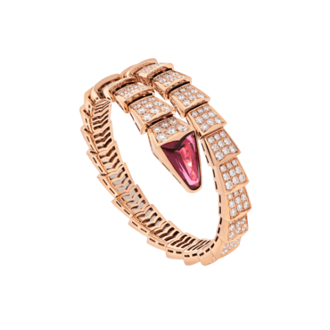 Bulgari 347602 Serpenti one-coil bracelet in 18 kt rose gold set with full pavé diamonds and a rubellite on the head 1
