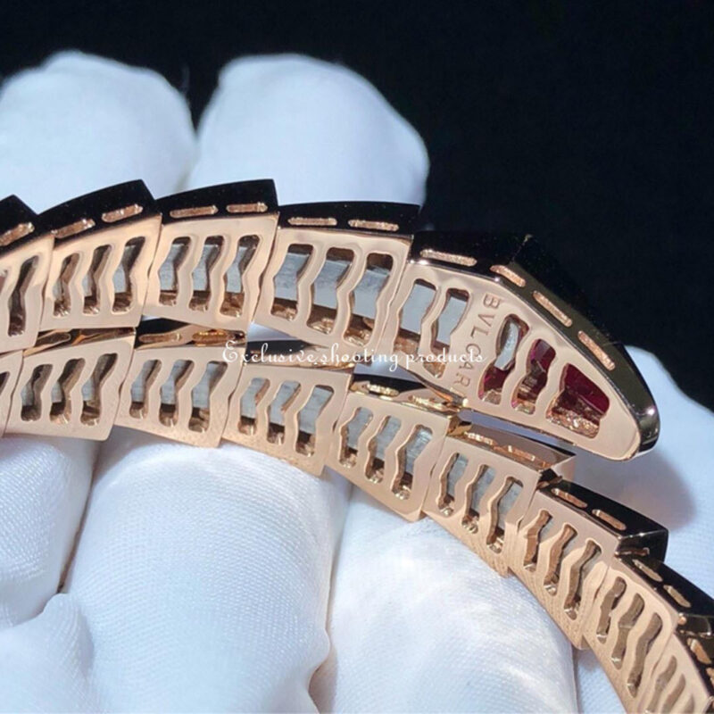 Bulgari 347602 Serpenti one-coil bracelet in 18 kt rose gold set with full pavé diamonds and a rubellite on the head 6