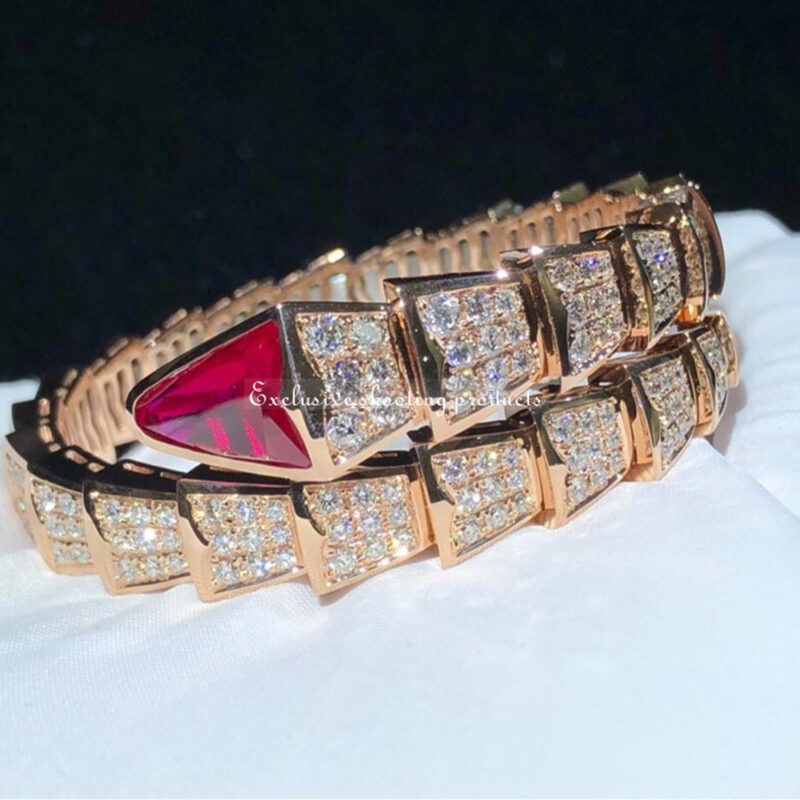 Bulgari 347602 Serpenti one-coil bracelet in 18 kt rose gold set with full pavé diamonds and a rubellite on the head 5