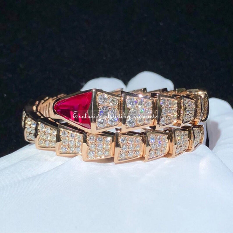 Bulgari 347602 Serpenti one-coil bracelet in 18 kt rose gold set with full pavé diamonds and a rubellite on the head 3