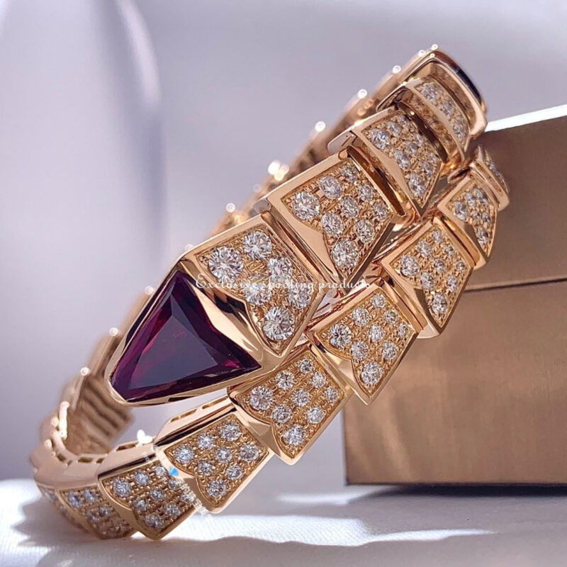 Bulgari 347602 Serpenti one-coil bracelet in 18 kt rose gold set with full pavé diamonds and a rubellite on the head 15